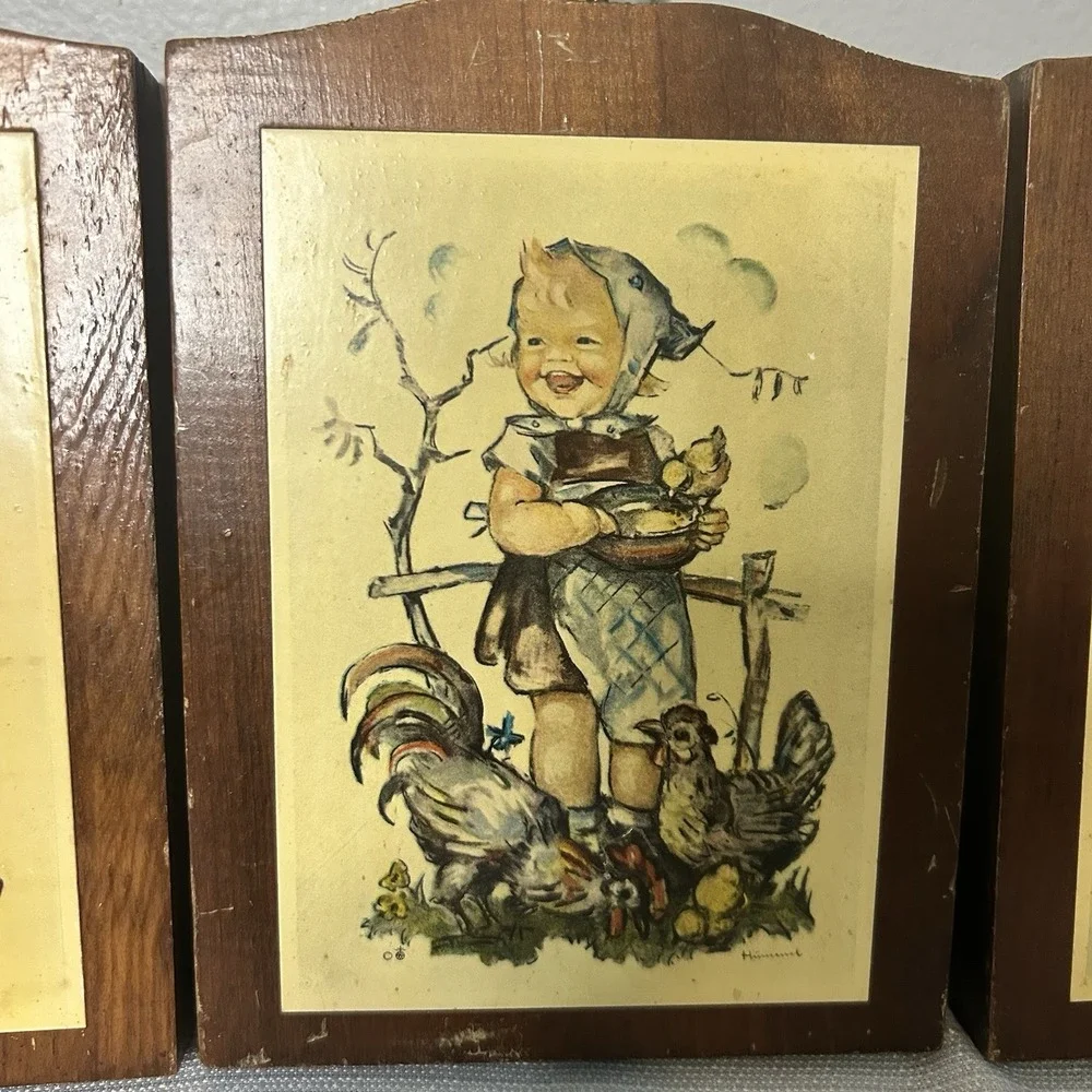 (3) Vintage Hummel Childlike Wall‎ Art Plaques On Wood Pre Owned 5.5x7